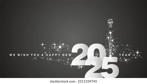 We wish you a Happy New Year 2025 event new elegant style calendar numbers shining silver white black greeting card