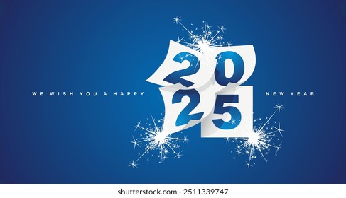 We wish you a Happy New Year 2025 event greeting card design template with light sparkle firework on blue background. New Year 2025 start concept