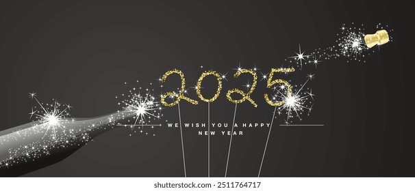 We wish you Happy New Year 2025 eve handwritten tipography 2025 golden glitter stars sparkler fireworks open champagne bottle black background. New Year 2025 greeting card