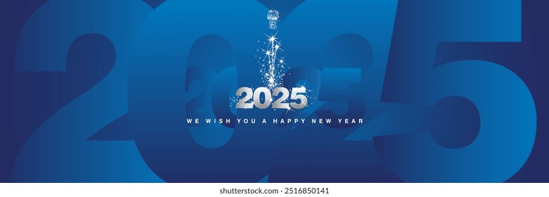 We wish you a Happy New Year 2025 sparkler firework shining silver blue greeting card with multiple shadowed blue bakground in the shape of 2025 year