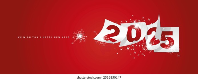 Le deseamos feliz año Nuevo 2025 Plantilla de diseño de tarjeta de felicitación de vacaciones de invierno sobre fondo rojo. Nuevo año 2025 con sábanas blancas y fuegos artificiales brillantes