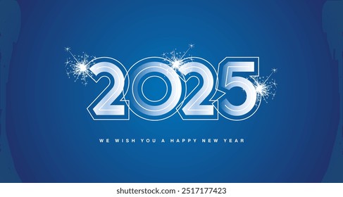 We wish you Happy New Year 2025 modern trendy design numbers with line neon numbers over and sparkle firework abstract white blue greeting card