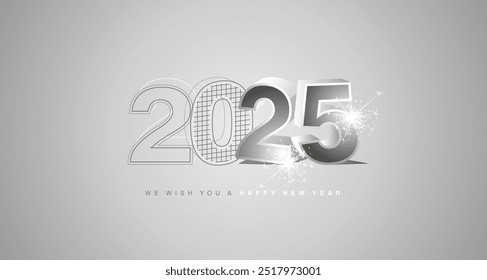 We wish you a happy new year 2025 eve. Architecture construction from line drawing to 3d model numbers of 2025 with sparkle firework on silver grey background