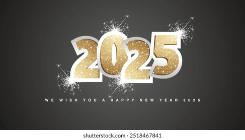 Le deseamos una tarjeta de felicitación feliz año Nuevo 2025. Tipografía de brillo dorado claro en plata 2025 con fuegos artificiales brillantes. Nuevo año 2025 sobre fondo negro Anuncio