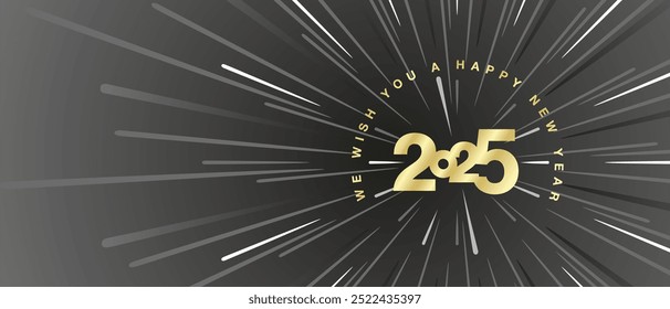 We wish you a Happy New Year 2025 high warp speed space golden type typography of 2025 year with abstract tunnel deep space or speedometer shape black background greeting card