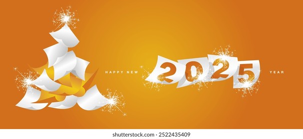 We wish you Happy New Year 2025. Beautiful winter holiday greeting card design template on orange yellow background. White yellow paper in the form of Christmas tree and separate New Year 2025 with ca