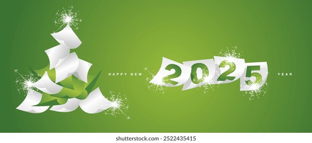 We wish you Happy New Year 2025. Beautiful winter holiday greeting card design template on green background. White green paper in the form of Christmas tree and separate New Year 2025 with calendar sh