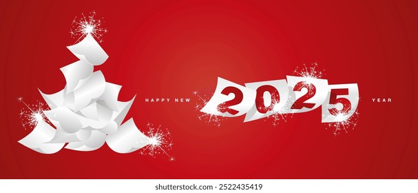 We wish you Happy New Year 2025. Beautiful winter holiday greeting card design template on red background. White red paper in the form of Christmas tree and separate New Year 2025 with calendar sheets