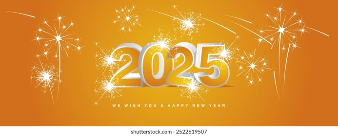 We wish you Happy New Year 2025. New modern 3d concept design. Orange yellow white silver 3D 2025 with shadows and stars sparkling fireworks on orange background