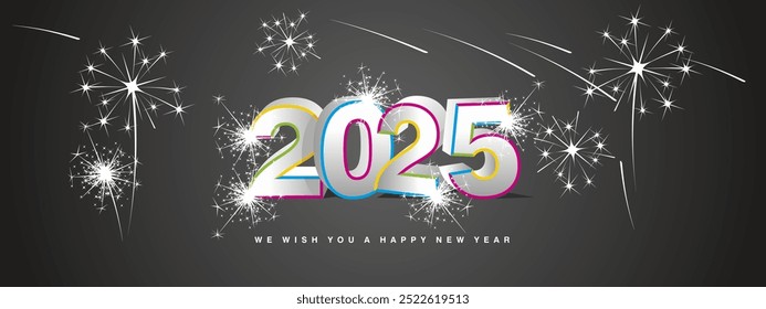 Les deseamos Feliz Año Nuevo 2025. Nuevo diseño de concepto 3D moderno. Línea colorida 3D de plata blanca 2025 con sombras y estrellas fuegos artificiales brillantes sobre fondo negro