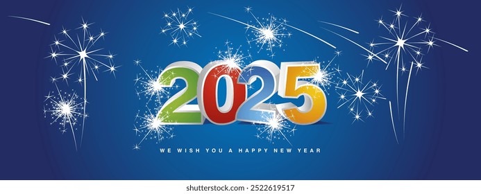 We wish you Happy New Year 2025. New modern 3d concept design. Colourful white silver 3D 2025 with shadows and stars sparkling fireworks on blue background