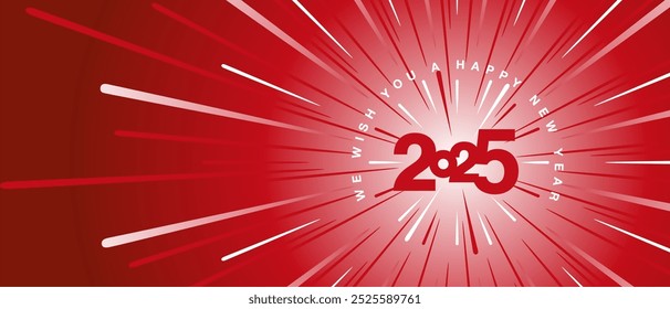 Les deseamos un Feliz Año Nuevo 2025. Tipografía de tipo blanco rojo Fondo rojo. espacio de alta velocidad de urdimbre con aguja de forma de velocímetro que se mueve al número de año 2025. tarjeta de felicitación de inicio 2025