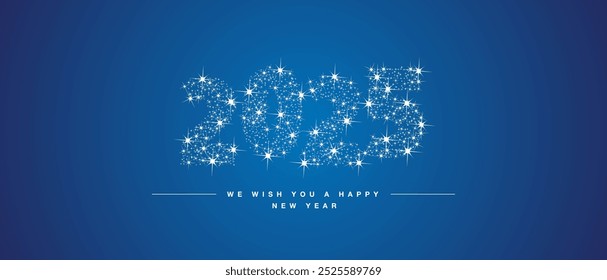 Les deseamos Feliz Año Nuevo 2025. Tipografía de números con muchas estrellas y polvo de estrellas en forma de 2025 sobre fondo azul