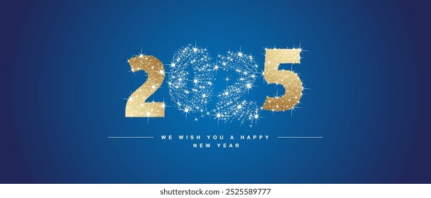 We wish you Happy New Year 2025. Numbers tipography with many warp moving stars in outer space and stop over the shape of 2025 on blue universe background