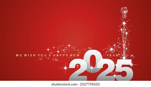 We wish you a Happy New Year 2025 shining firework gold white silver red background greeting card