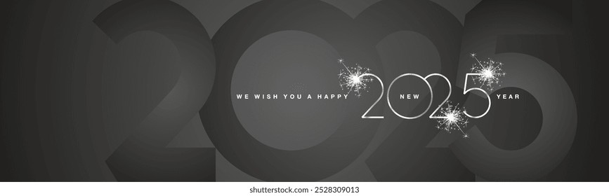 We wish You Happy New Year 2025. 2025 event modern design silver shining light typography sparkle fireworks with 2025 shadow numbers black banner