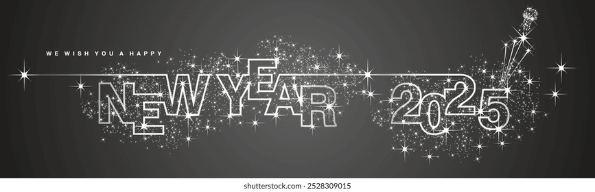 We wish you Happy New Year 2025 line design shiny glitter sparkler firework open champagne 2025 new year eve white black vector wallpaper long banner greeting card