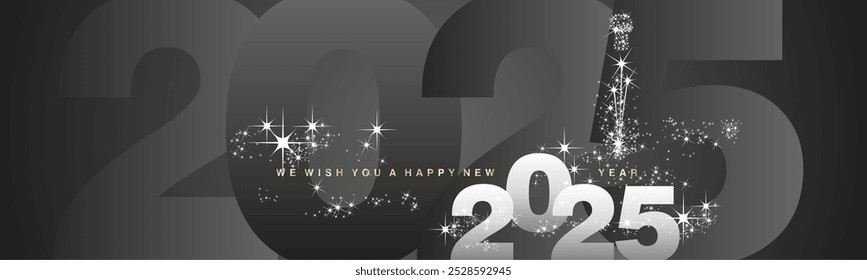 We wish you a Happy New Year 2025. Sparkler firework over 2025 numbers in background. Silver white black greeting card