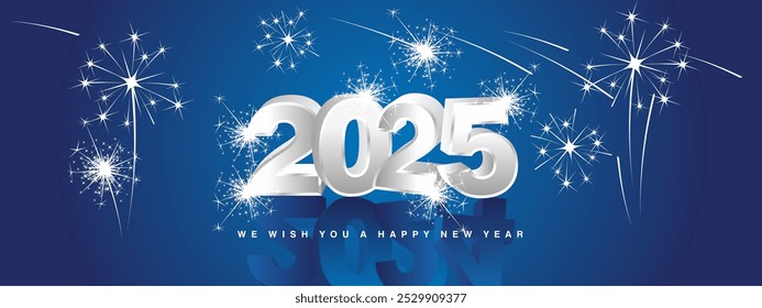 Desejamos-lhe Feliz Ano Novo 2025. Novo design moderno de conceito 3d. Cromo linha de metal branco prata 3D 2025 com sombras e estrelas cintilantes fogos de artifício no fundo azul