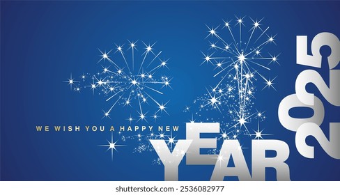 We wish you a Happy New Year 2025 with shining sparkle firework gold white silver blue background. New Year 2025 elegant poster banner or greeting card