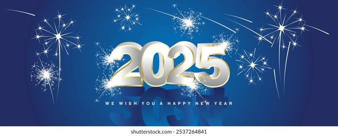 We wish you Happy New Year 2025. New modern 3d concept design. Golden border lines white silver 3D 2025 with 2024 in shadows and stars sparkling fireworks on blue background