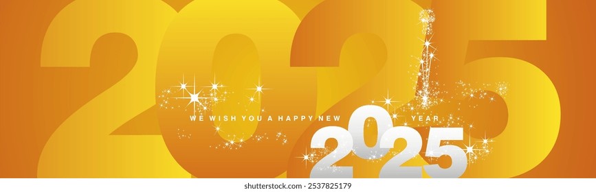 We wish you a Happy New Year 2025. Sparkler firework over 2025 numbers in background. Silver white orange yellow greeting card