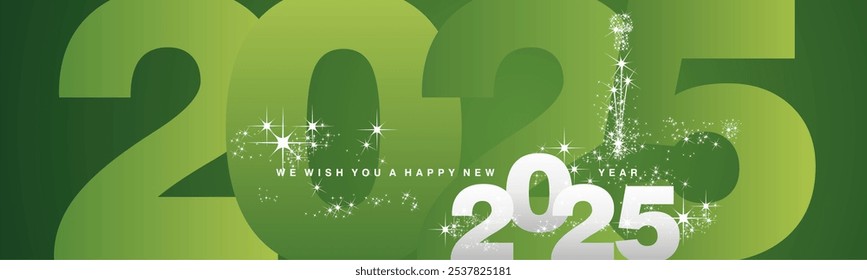 We wish you a Happy New Year 2025. Sparkler firework over 2025 numbers in background. Silver white green greeting card