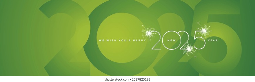 We wish You Happy New Year 2025. 2025 event modern design silver shining light typography sparkle fireworks with 2025 shadow numbers lucky green banner