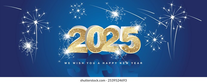 We wish you Happy New Year 2025. New modern 3d concept design. Golden luminous glittering gold white silver 3D 2025 with 2025 in shadows and stars sparkling fireworks on blue background