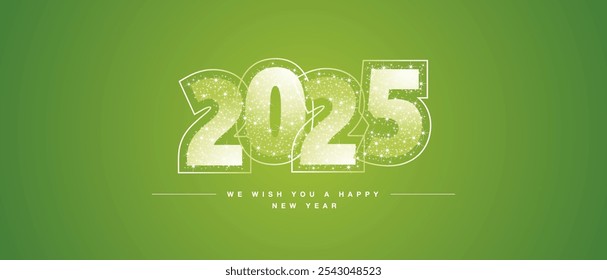 We wish you a Happy New Year 2025 light white green glitter typography with neon outline 2025. New Year 2025 on lucky green background