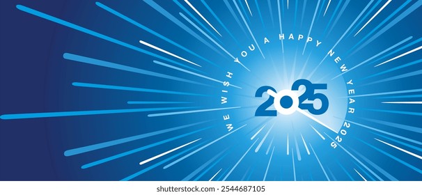 Les deseamos un Feliz Año Nuevo 2025. Tipo blanco azul tipografía fondo azul. espacio de alta velocidad de urdimbre con aguja de forma de velocímetro que se mueve al número de año 2025. tarjeta de felicitación de inicio 2025