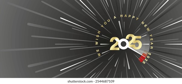 Les deseamos un Feliz Año Nuevo 2025. Tipo dorado tipografía fondo negro. Espacio de alta velocidad de deformación con aguja de forma de velocímetro que se mueve al número de año 2025. Tarjeta de felicitación de inicio 2025