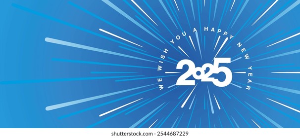 Le deseamos un feliz año Nuevo 2025 de alta velocidad de urdimbre espacio tipografía de tipo blanco con túnel abstracto o forma de velocímetro tarjeta de felicitación de fondo