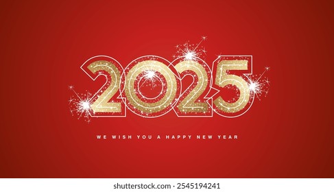 We wish you Happy New Year 2025 modern golden trendy bold design numbers with line neon numbers over and glitter sparkle firework abstract golden white red greeting card