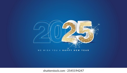 We wish you a happy new year 2025 eve. Architecture construction from line drawing to glitter 3d model silver golden numbers of 2025 with sparkle firework on blue background