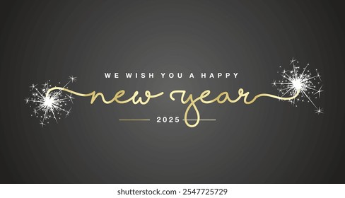 We wish you Happy New Year 2025 new handwritten lettering tipography with sparkle firework golden white black background. New Year 2025 greeting card