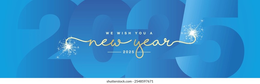 We wish you Happy New Year 2025 golden line designed handwritten lettering with white sparkle firework on light blue background greeting card