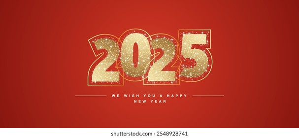 Le deseamos un feliz año Nuevo 2025 luz dorada brillo tipografía con neón contorno 2025. Nuevo año 2025 sobre fondo rojo