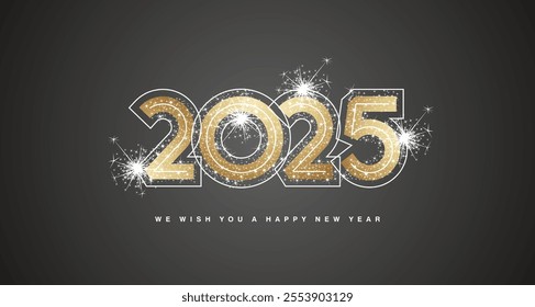 We wish you Happy New Year 2025 modern golden trendy bold design numbers with line neon numbers over and glitter sparkle firework abstract golden white black greeting card