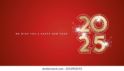 We wish you Happy New Year 2025 modern square composition golden trendy bold design numbers with line neon numbers over and glitter sparkle firework abstract golden white red greeting card