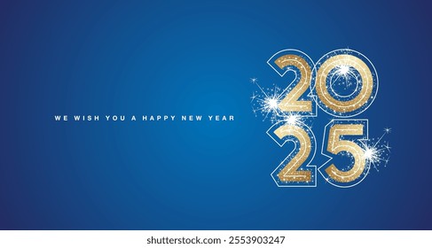 We wish you Happy New Year 2025 modern square composition golden trendy bold design numbers with line neon numbers over and glitter sparkle firework abstract golden white blue greeting card