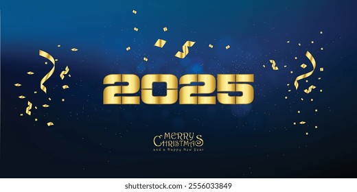 We wish you a Happy New Year 2025 event greeting card design template with light sparkle firework on blue background. New Year 2025 start concept
