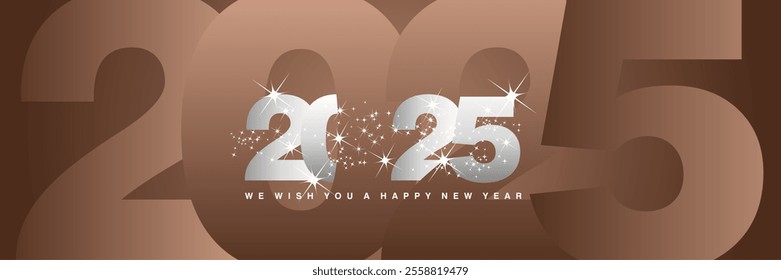 We wish you a Happy New Year 2025 shining sparkler firework silver white color of the year 2025 greeting card with shadowed mocha mousse bakground in the shape of 2025 year