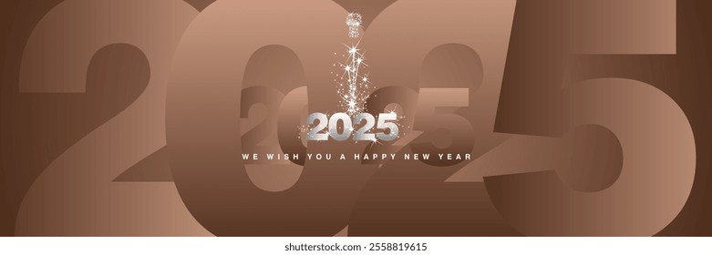 We wish you a Happy New Year 2025 sparkler firework shining silver color of the year 2025 greeting card with multiple shadowed mocha mousse bakground in the shape of 2025 year