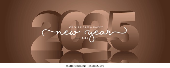 We wish you Happy New Year 2025, modern design, white new updated handwritten lettering with color of the year 3d 2025 year mirrored shadow in background and sparkler firework