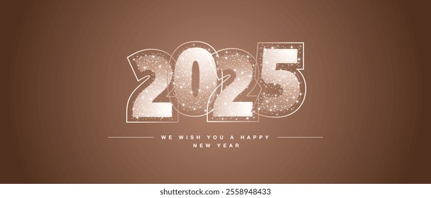 We wish you a Happy New Year 2025 light white color of the year 2025 glitter typography with neon outline 2025. New Year 2025 on mocha mousse background