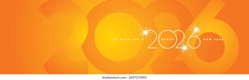 Wir wünschen Ihnen ein frohes neues Jahr 2026. 2026 event modernes design silber weiß leuchtendes licht typografie funkel feuerwerk mit schattenzahlen auf orange gelb banner