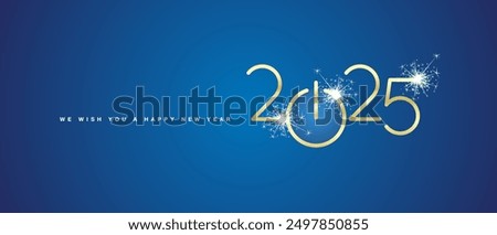 We wish you a Happy New Year 2025 eve golden shining rounded typography sparkle firework blue background banner with turn on start button