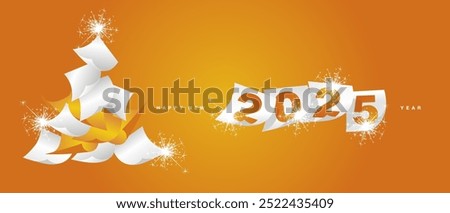 We wish you Happy New Year 2025. Beautiful winter holiday greeting card design template on orange yellow background. White yellow paper in the form of Christmas tree and separate New Year 2025 with ca