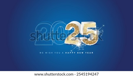 We wish you a happy new year 2025 eve. Architecture construction from line drawing to glitter 3d model silver golden numbers of 2025 with sparkle firework on blue background